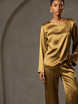 [Brown] SilkSilky-AU Long Sleeve Boat Neck Blouse 005