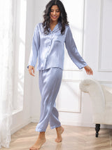 [Steel Blue] SilkSilky-AU Long Sleeve Lapel Collar Women's Pyjamas 003