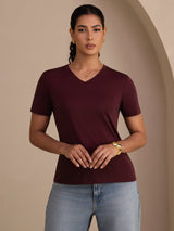 [Wine] SilkSilky-AU Short Sleeve V Neck Women's T-Shirt 004
