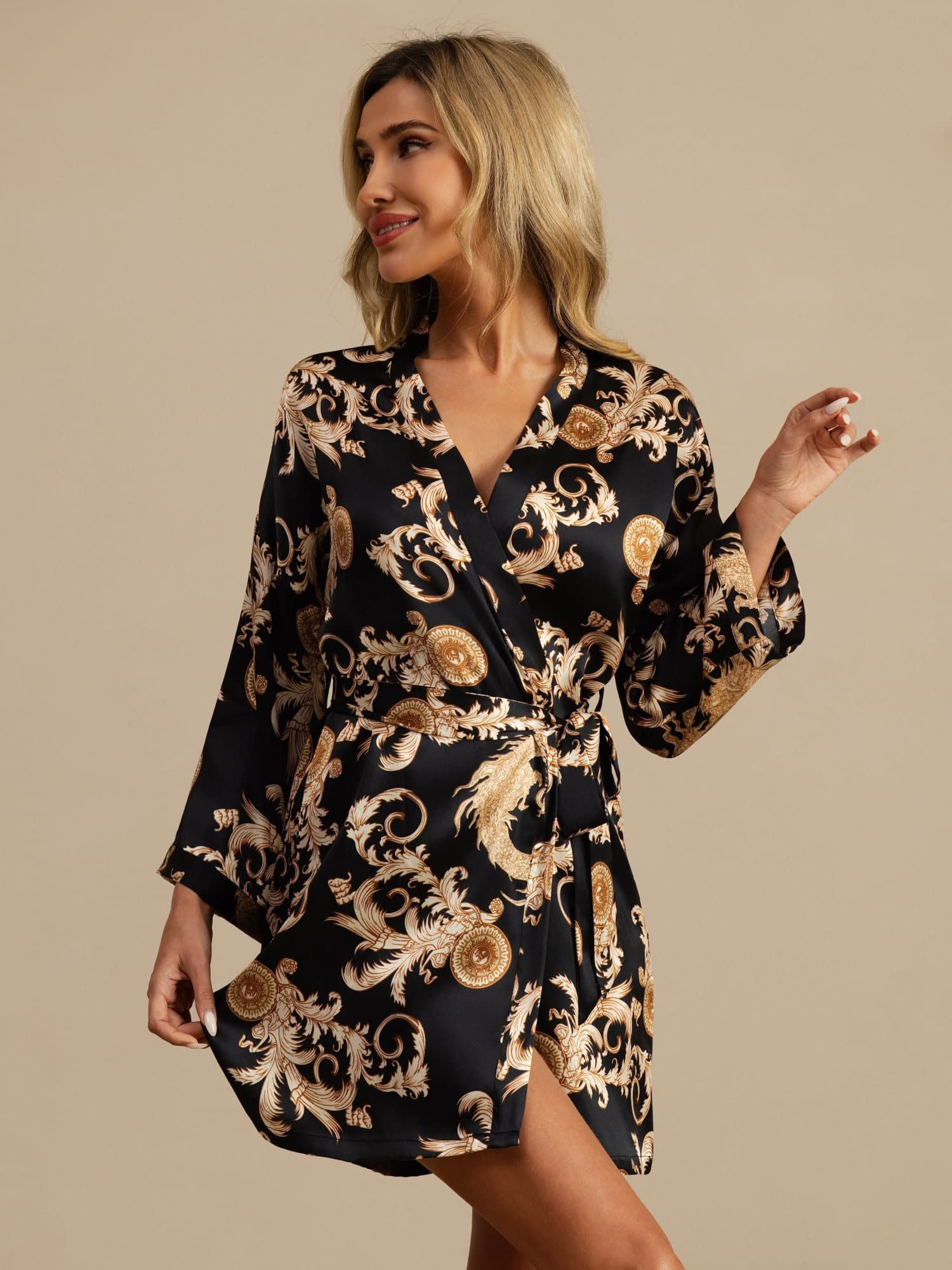 [Black Dragon] SilkSilky-AU 3/4 Sleeve V Neck Women's Dressing Gown 003