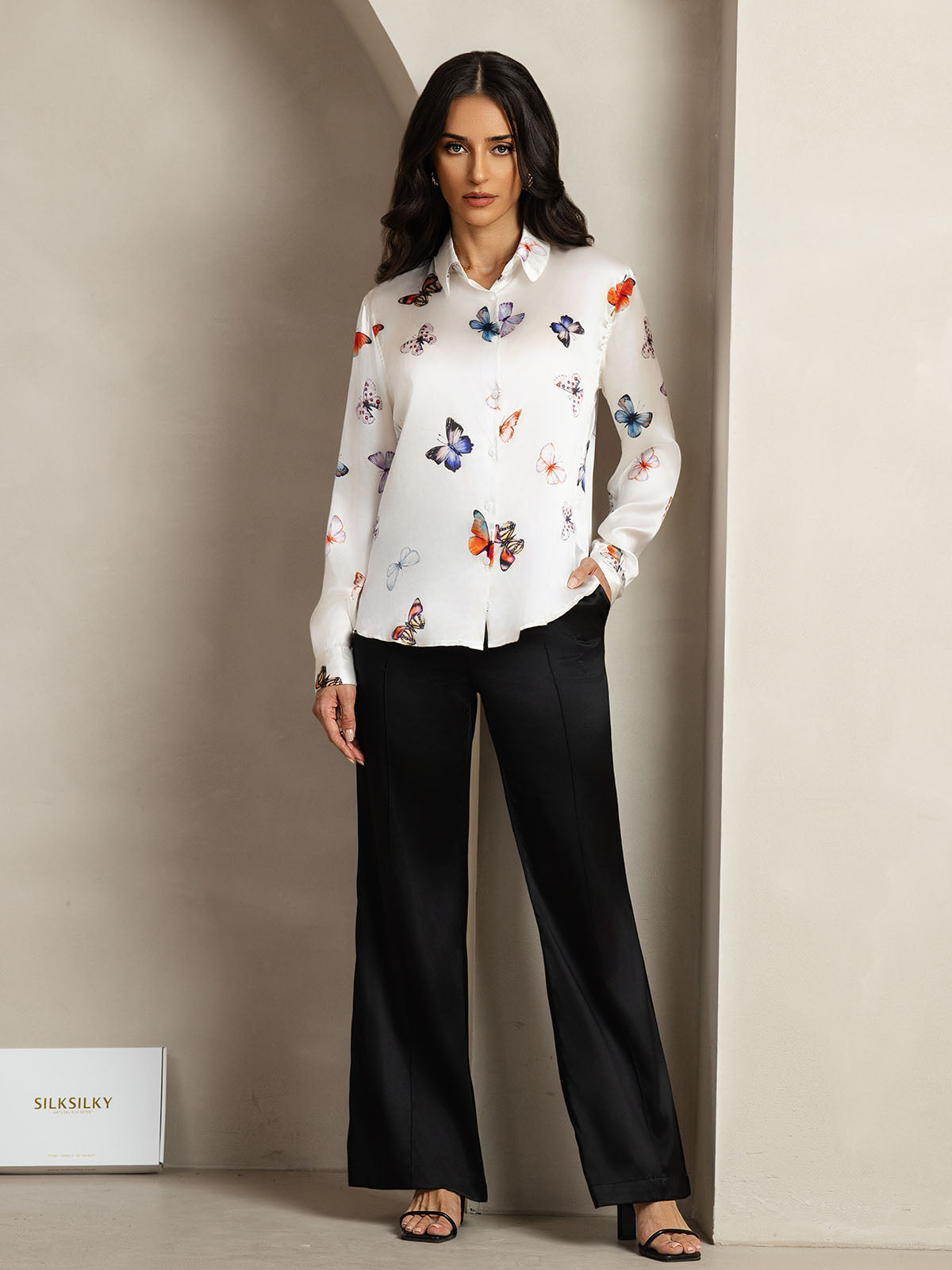 [White Butterfly] SilkSilky-AU Silk Lapel Collar Women's Shirt 003