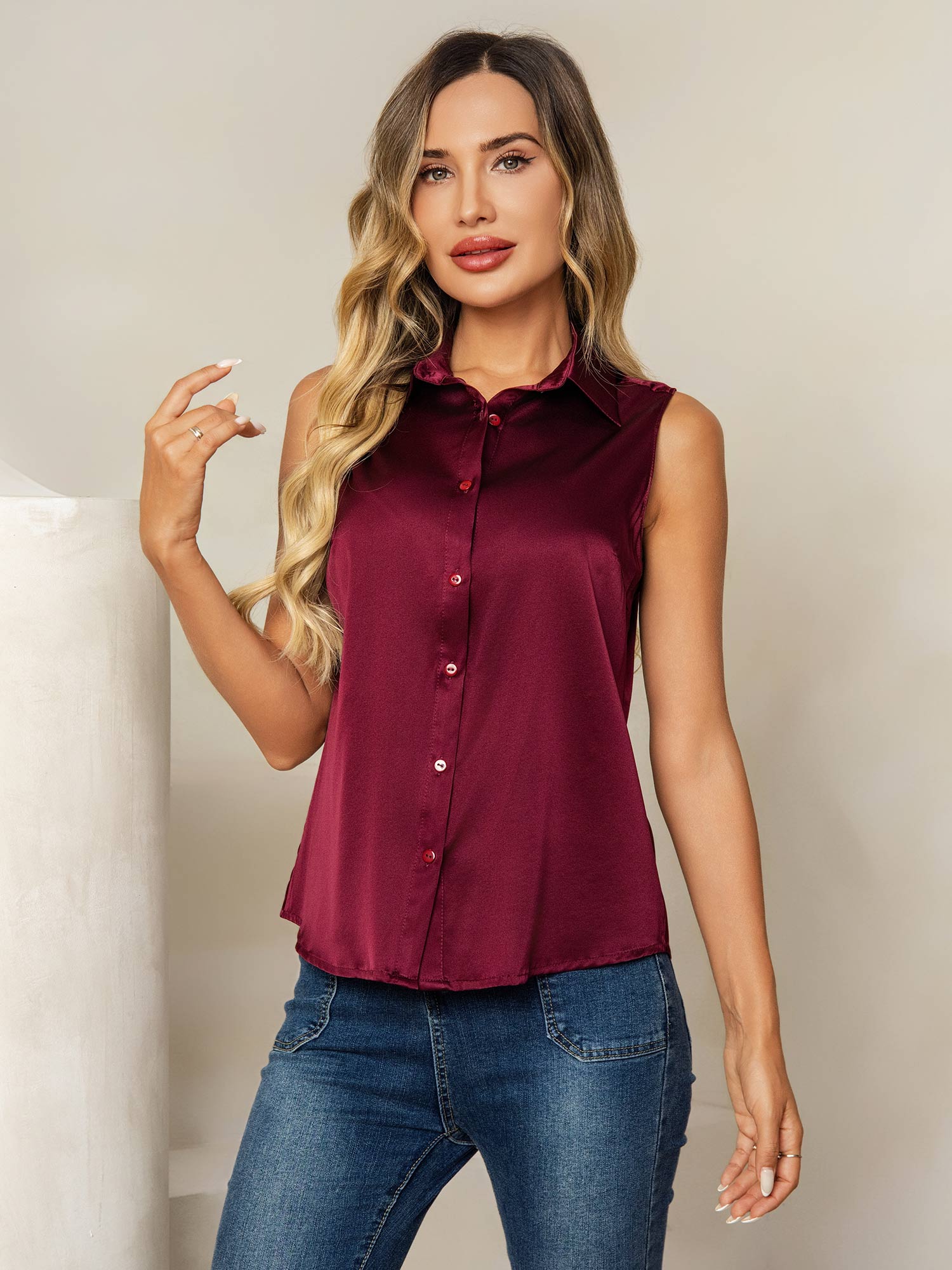 [Dark Red] SilkSilky-AU 19Momme Silk Lapel Collar Women's Shirt 001