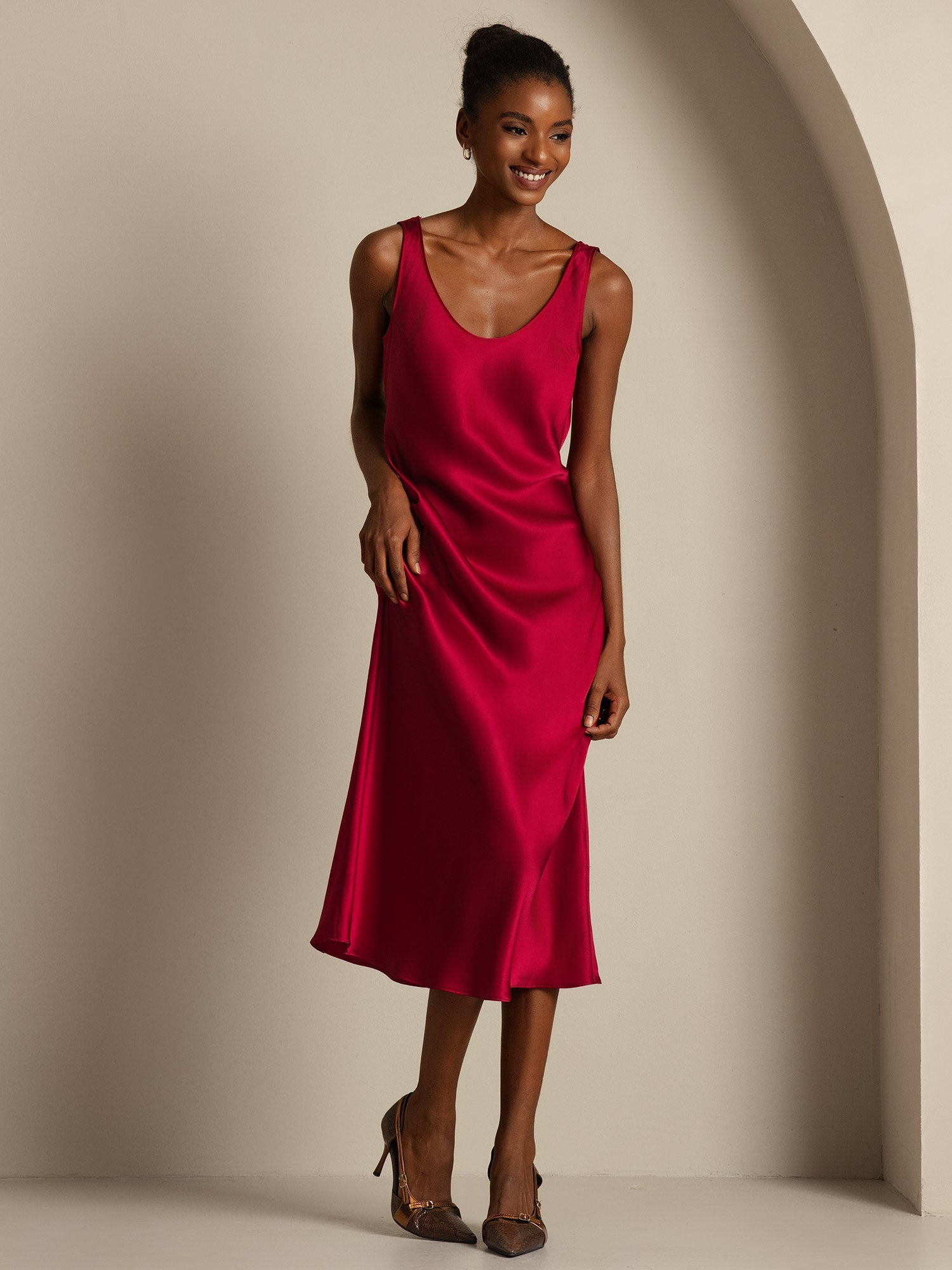 [Wine] SilkSilky-AU Pure Silk Boat Neck Dress 003,