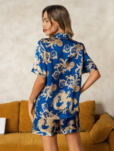 [Navy Dragon] SilkSilky-AU Short Sleeve Lapel Collar Women's Pyjamas 002