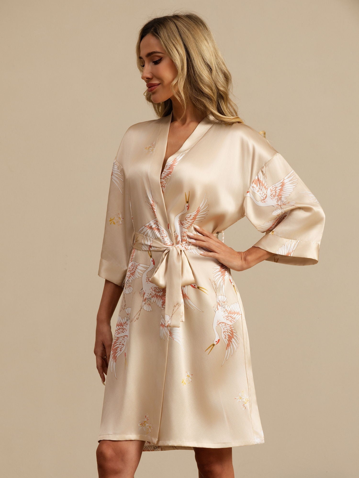 [Champagne] SilkSilky-AU 19Momme 3/4 Sleeve Women's Dressing Gown 001