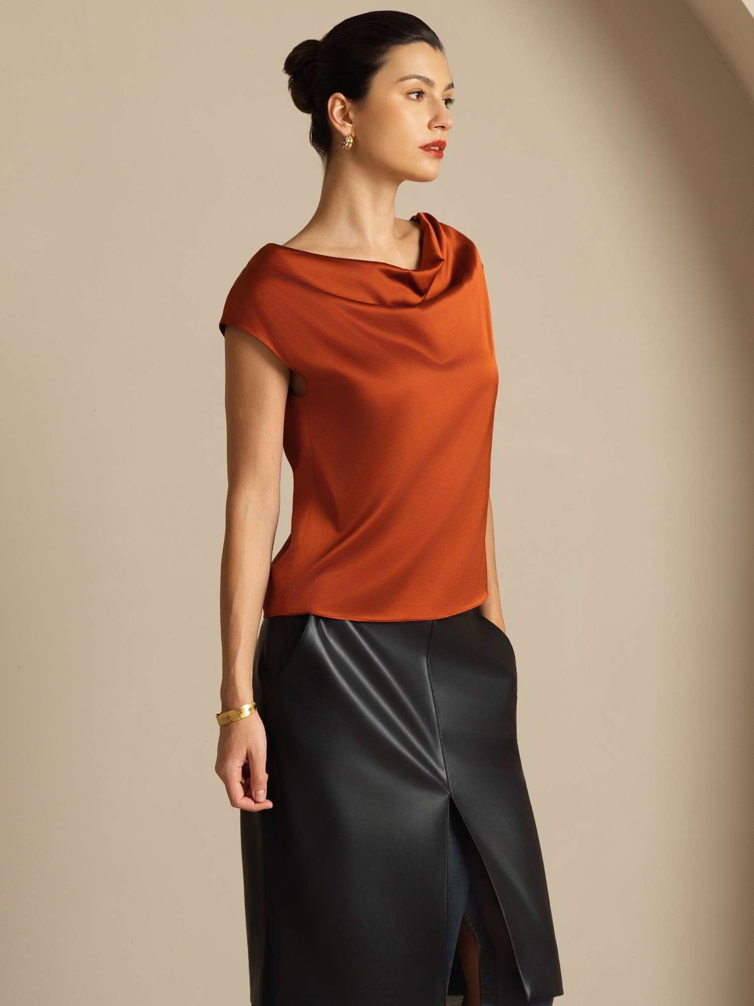 [Caramel] SilkSilky-AU 19Momme Silk Sleeveless Cowl Neck Women's T-Shirt 006