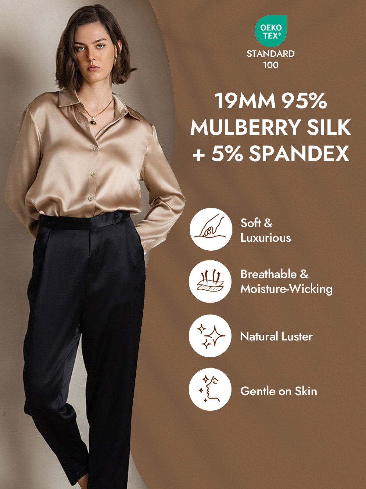 [Champagne] SilkSilky-AU Silk Long Sleeve Lapel Collar Women's Shirt 004