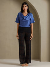 [Real Teal] SilkSilky-AU Short Sleeve Cowl Neck Women's Blouse 007