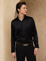 [Black] SilkSilky-AU 19Momme Stretch Silk Charmeuse Long Sleeve Lapel Collar Men's Shirt 004