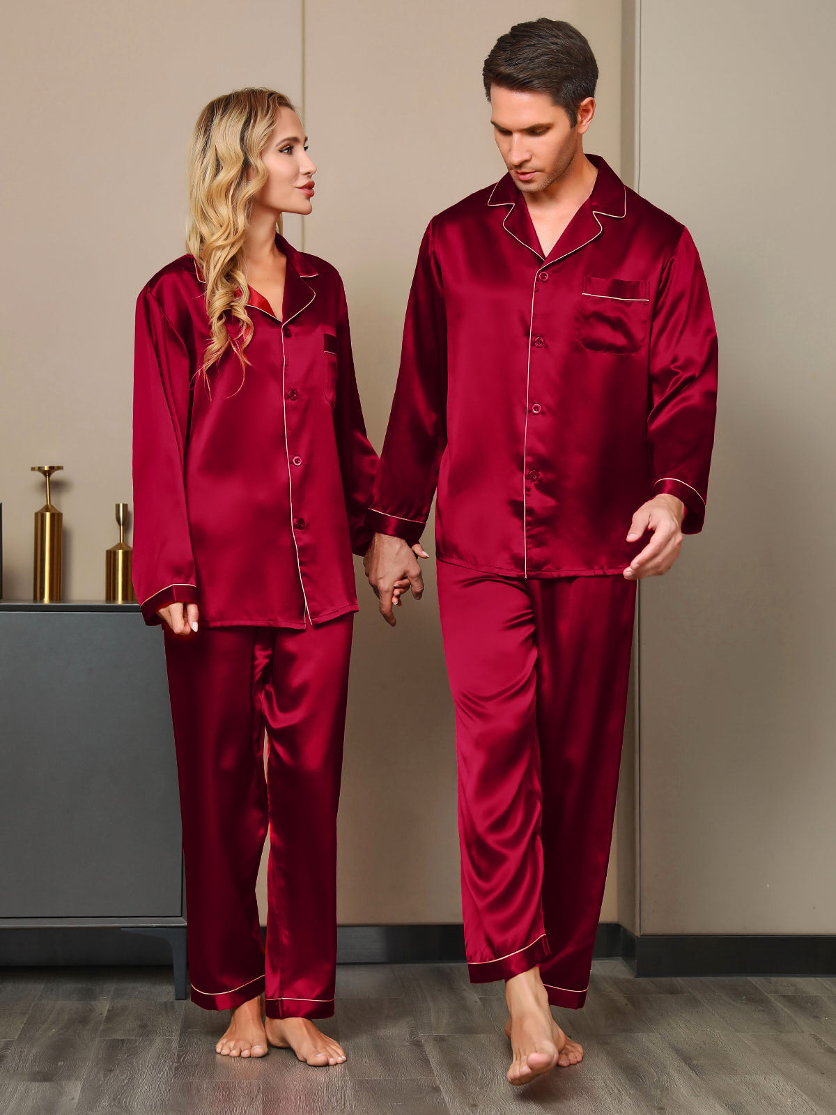 Couple Pure Silk Pajama Sets Total 4Pcs