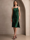 SilkSilky AU Pure Silk Sleeveless Round Neck Dress DarkGreen 001