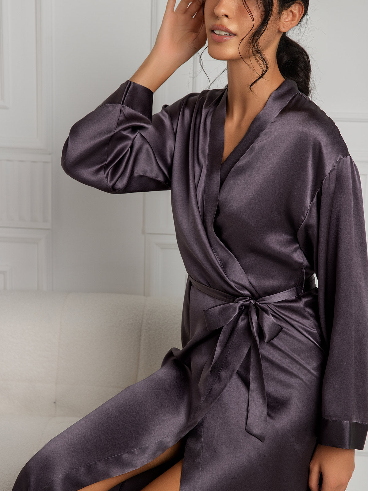 [Purple Gray] SilkSilky-AU Pure Silk Wrap Women's Dressing Gown 007