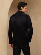 [Black] SilkSilky-AU 19Momme Stretch Silk Charmeuse Long Sleeve Lapel Collar Men's Shirt 002