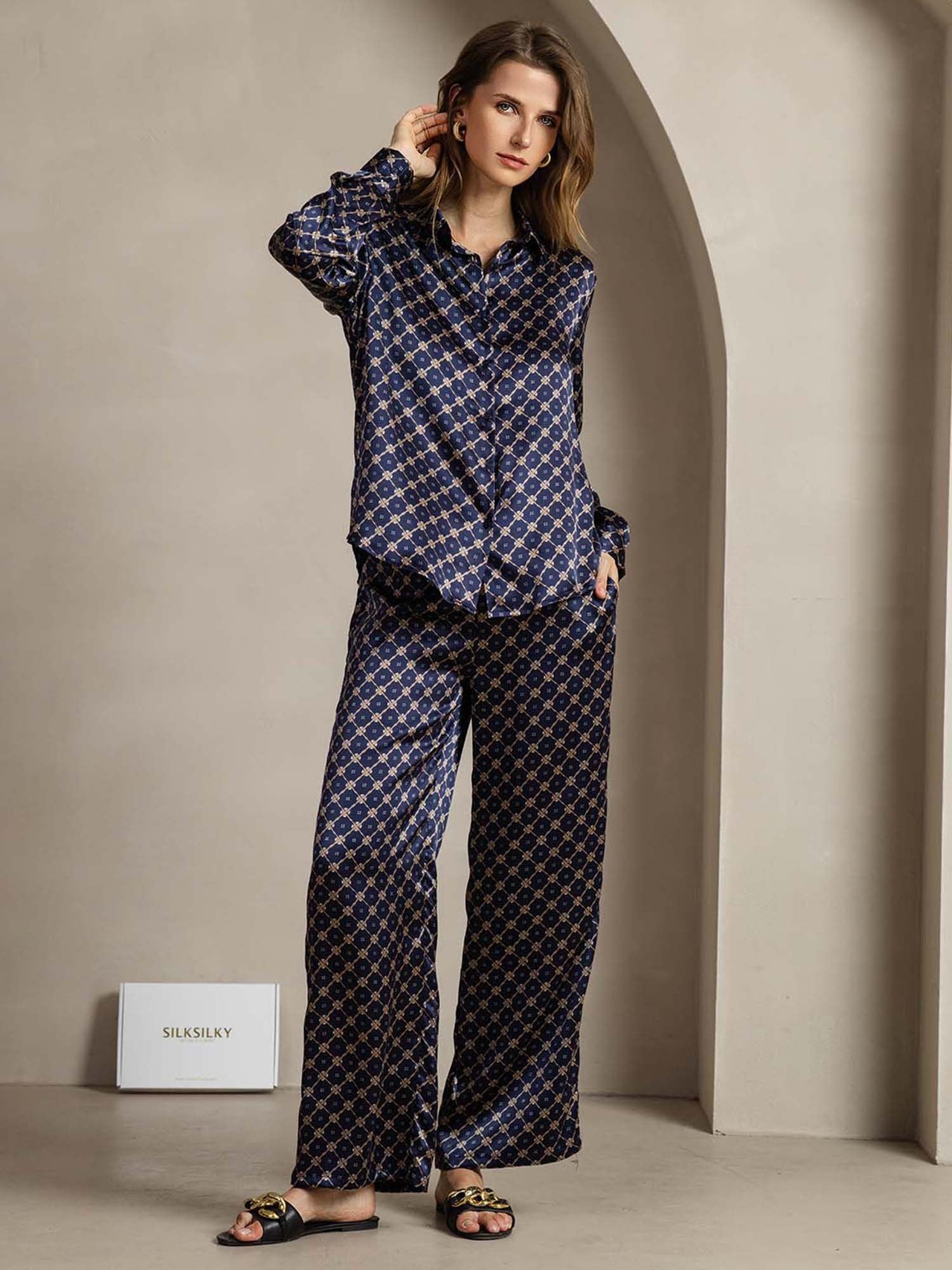 [NavyChain] SilkSilky-AU 19Momme Silk Lapel Collar Women''s Outfit Sets 003