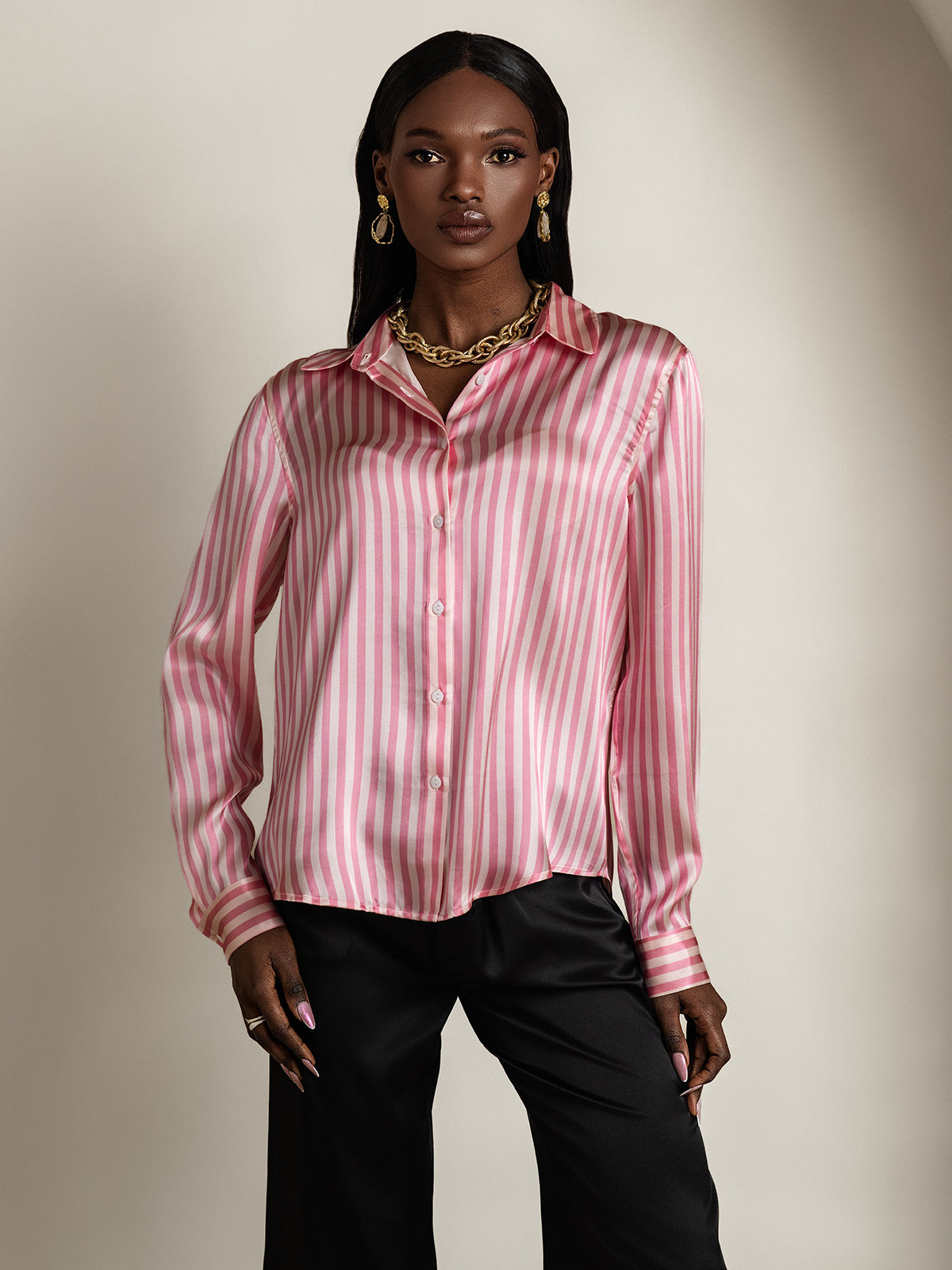 [Pink Stripe] SilkSilky-AU 19Momme Stretch Silk Charmeuse Long Sleeve Lapel Collar Women's Shirt 004