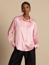 [Pink Stripe] SilkSilky-AU Long Sleeve Lapel Collar Women's Shirt 001