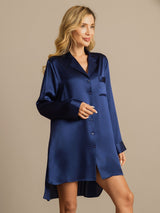 [Dark Blue] SilkSilky-AU Long Sleeve Lapel Collar Nightshirt 008