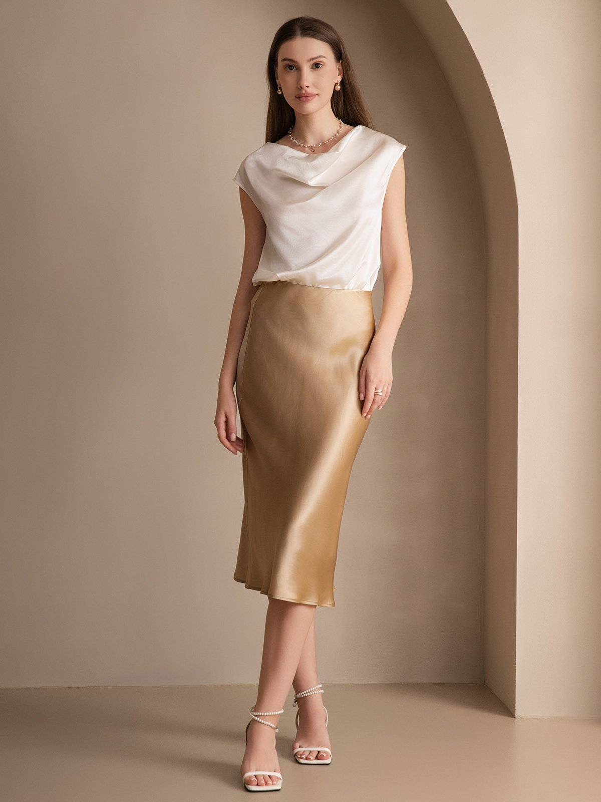 [White] SilkSilky-AU 19Momme Silk Sleeveless Cowl Neck Women's T-Shirt 006