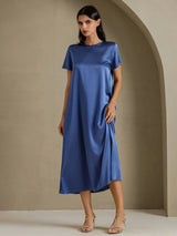 [Real Teal] SilkSilky-AU Short Sleeve Crew Neck Dress 001