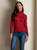 [Wine] SilkSilky-AU Silk Jersey Long Sleeve Turtle Neck Women's T-Shirt 004