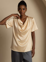 [Champagne] SilkSilky-AU Short Sleeve Cowl Neck Women's Blouse 005