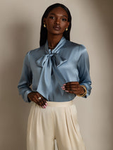 [Grayish Blue] SilkSilky-AU 19Momme Stretch Silk Charmeuse Long Sleeve Tie Neck Blouse 003