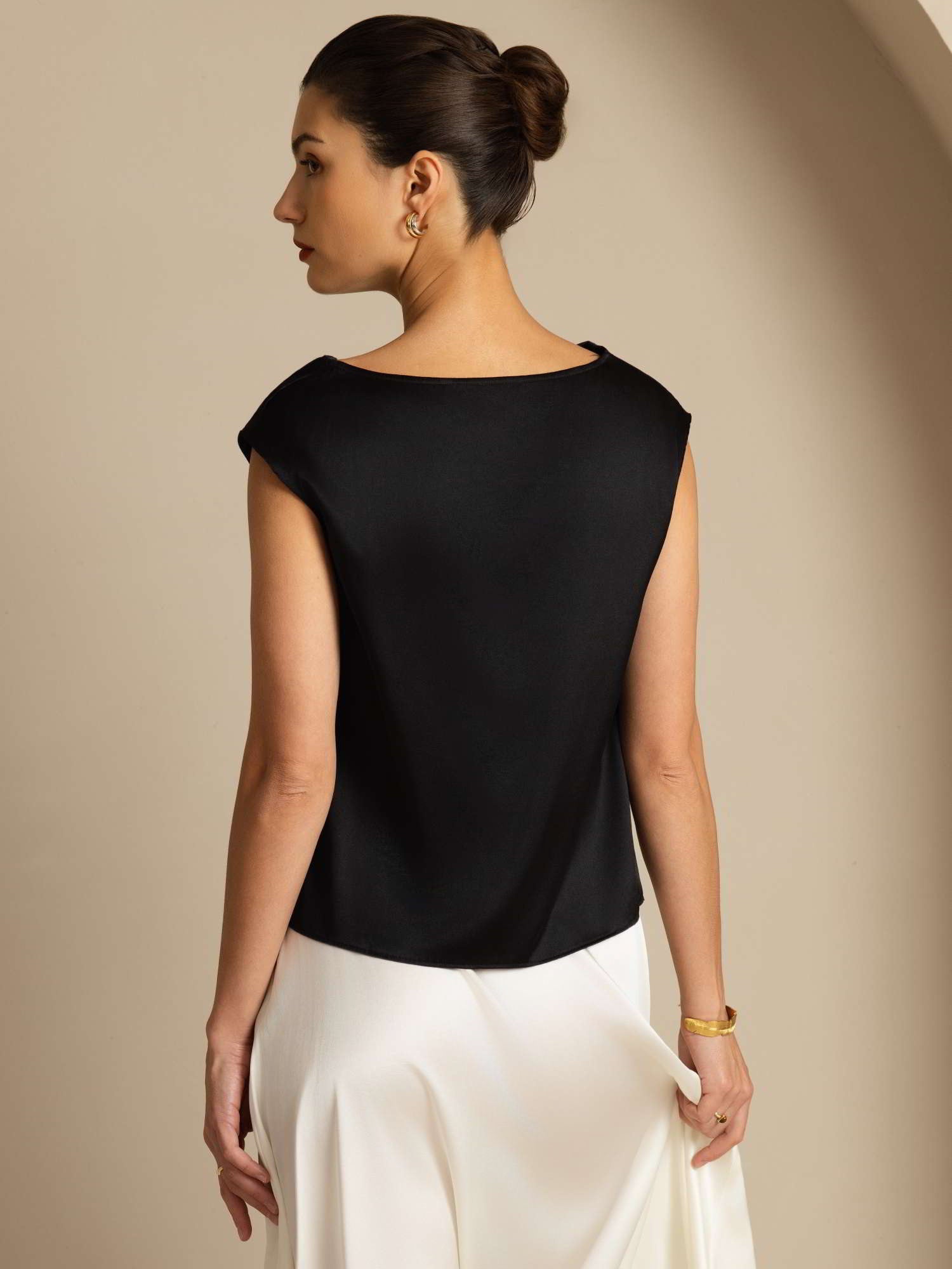 [Black] SilkSilky-AU 19Momme Silk Sleeveless Cowl Neck Women's T-Shirt 003