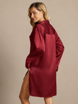 [Wine] SilkSilky-AU Long Sleeve Lapel Collar Nightshirt 002