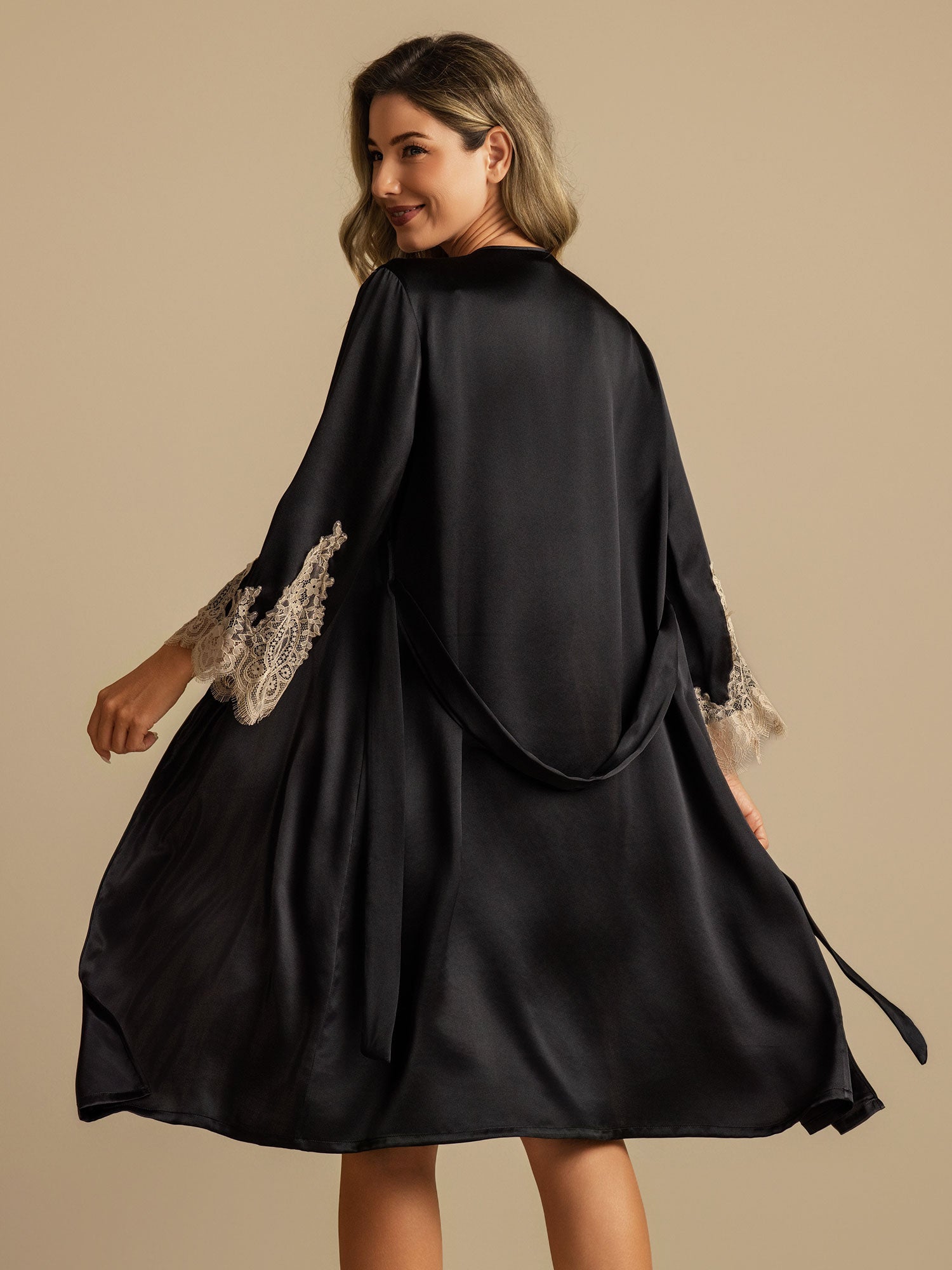 [Black] SilkSilky-AU Pure Silk Nightgown&Robe Set 002,