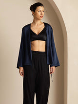 [Dark Blue] SilkSilky-AU 19Momme Stretch Silk Charmeuse Long Sleeve Women's Outerwear 005