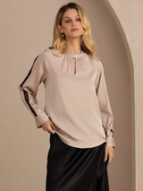 [Tan] SilkSilky-AU Long Sleeve Keyhole Neck Women's Blouse 001