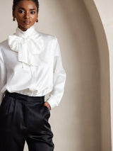 [White] SilkSilky-AU 19Momme Long Sleeve High Neck Blouse 006