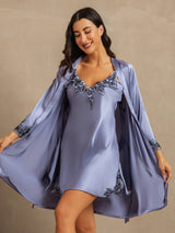 [Steel Blue] SilkSilky-AU 3/4 Sleeve V Neck Nightgown&Dressing Gown Set 001