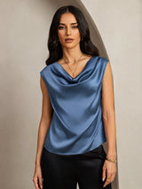 [Real Teal] SilkSilky-AU Cap Sleeve Cowl Neck Women's T-Shirt 003