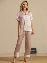 [Pink Heart Geo] SilkSilky-AU Short Sleeve Lapel Collar Women's Pyjamas 007