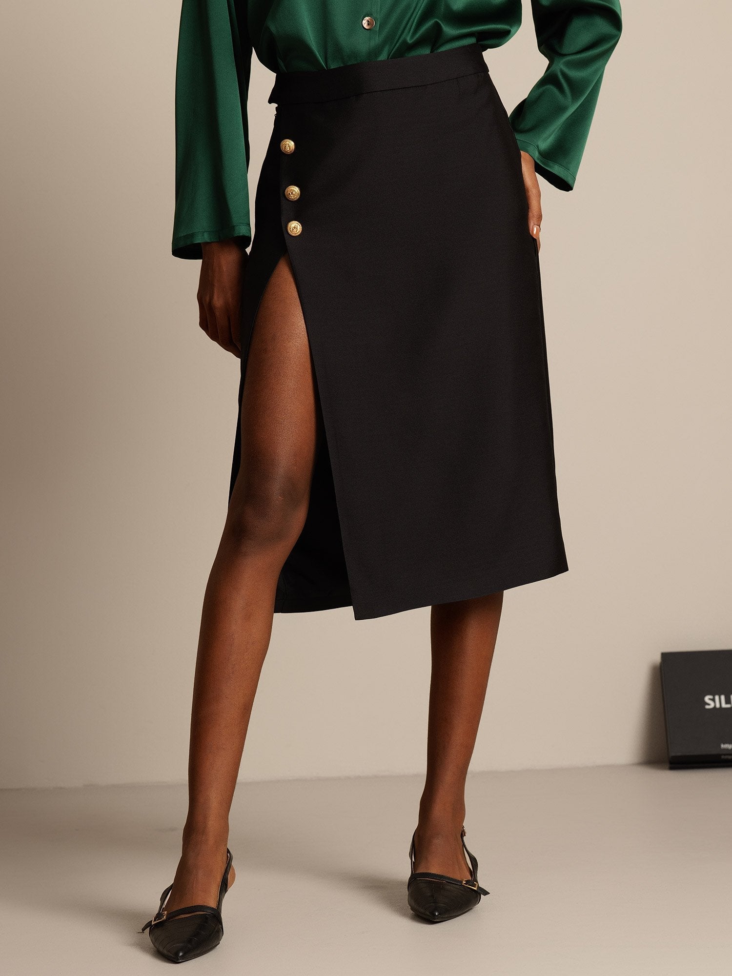 [Black] SilkSilky-AU 32Momme Wool Split Skirt 001,