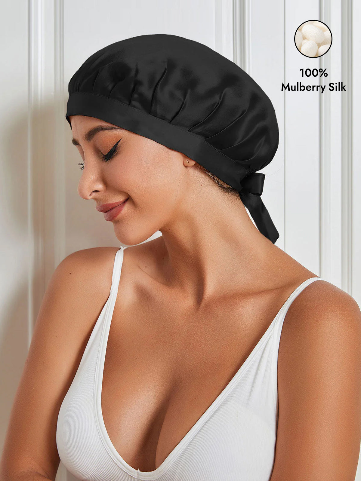 [Black] SilkSilky-AU Pure Silk Sleep Cap 001