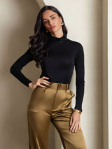 [Black] SilkSilky-AU Silk Jersey Long Sleeve Turtle Neck Women's T-Shirt 001