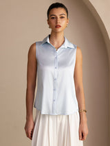 [Light Blue] SilkSilky-AU Sleeveless Lapel Collar Women's Shirt 001