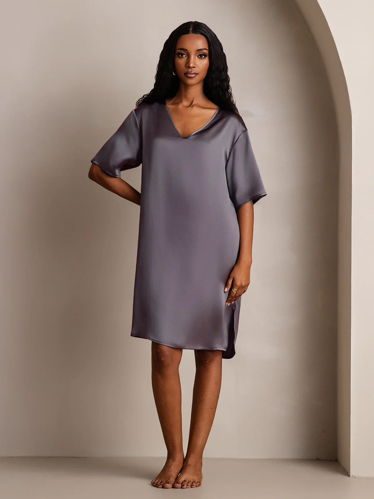 [Purple Gray] SilkSilky-AU Pure Silk V Neck Nightgown 008,