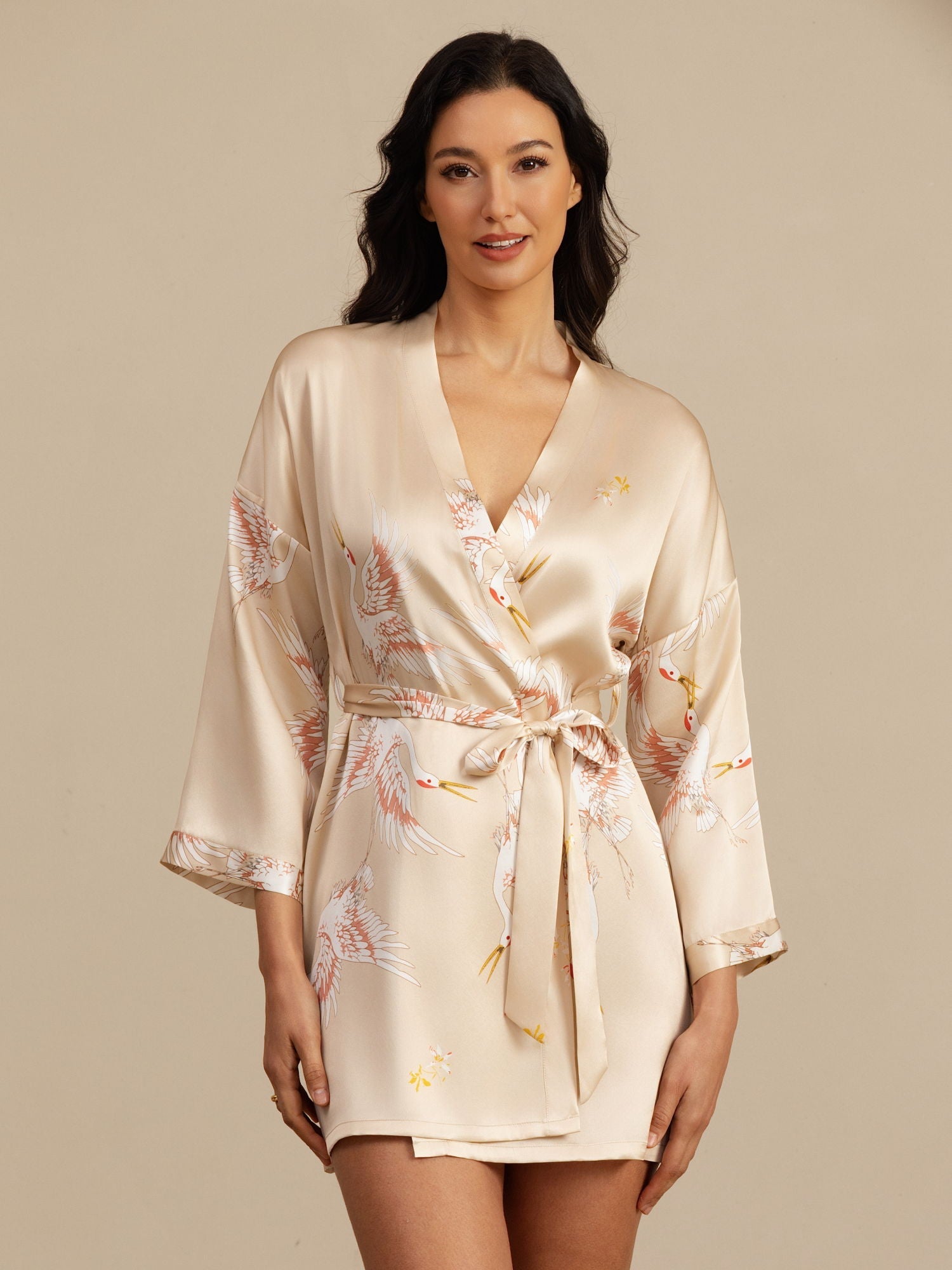 [Champagne] SilkSilky-AU 3/4 Sleeve Deep V Neck Women's Dressing Gown 006