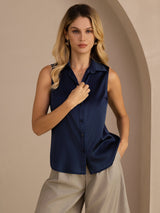 [Dark Blue] SilkSilky-AU Sleeveless Lapel Collar Women's Shirt 005