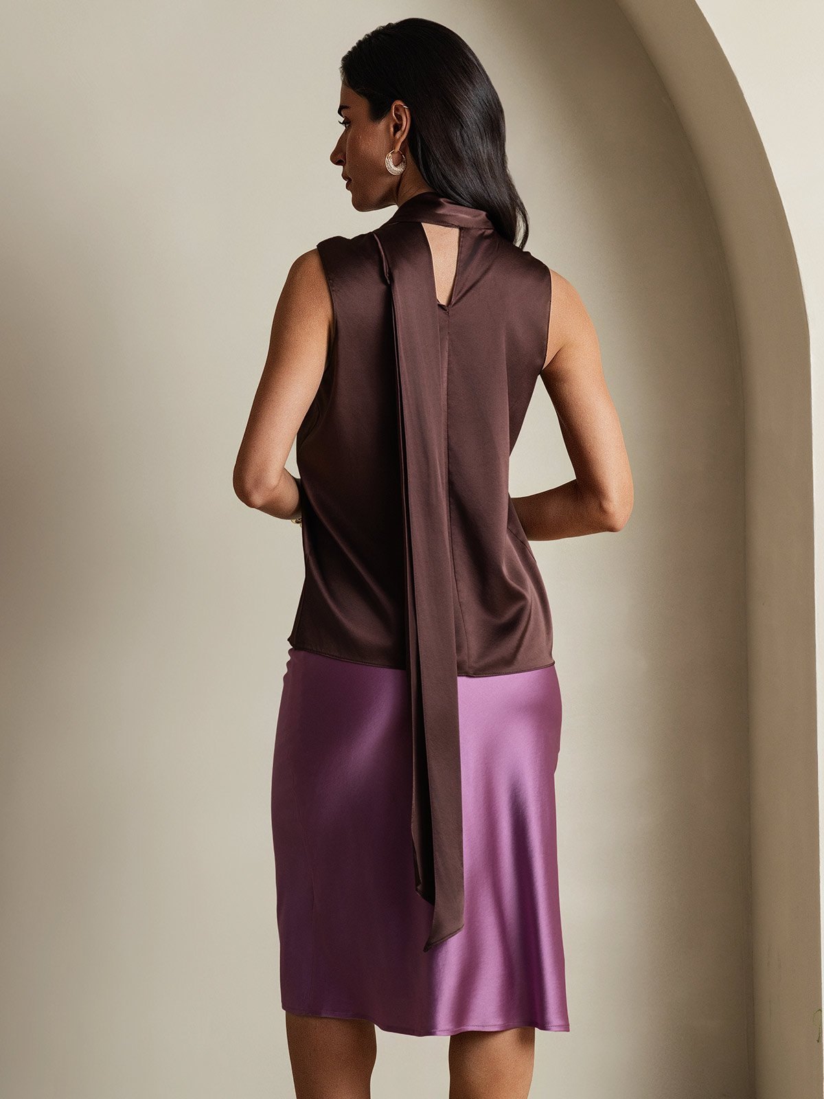 SilkSilky-AU 19Momme Silk Tie Neck Women's Shirt Coffee 002