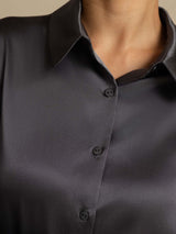 [Dark Gray] SilkSilky-AU 19Momme Stretch Silk Charmeuse Long Sleeve Lapel Collar Women's Shirt 006