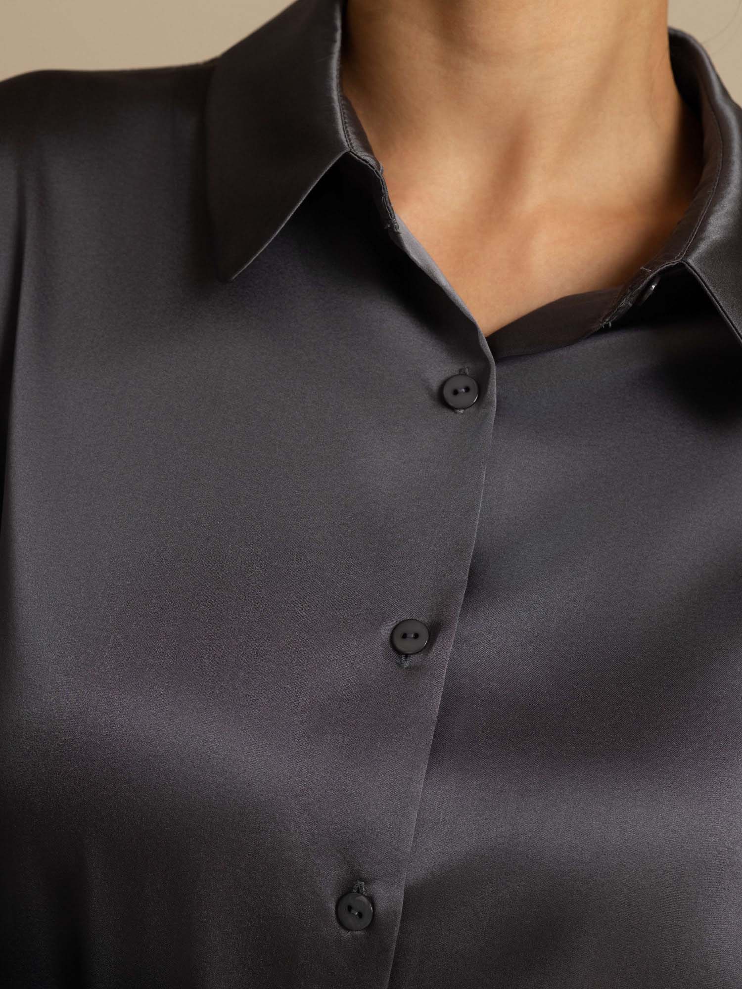 [Dark Gray] SilkSilky-AU 19Momme Stretch Silk Charmeuse Long Sleeve Lapel Collar Women's Shirt 006