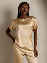 [Champagne] SilkSilky-AU 19Momme Stretch Silk Charmeuse Short Sleeve Boat Neck Women's T-Shirt 003