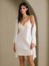 [White] SilkSilky-AU 3/4 Sleeve V Neck Nightgown&Dressing Gown Set 001