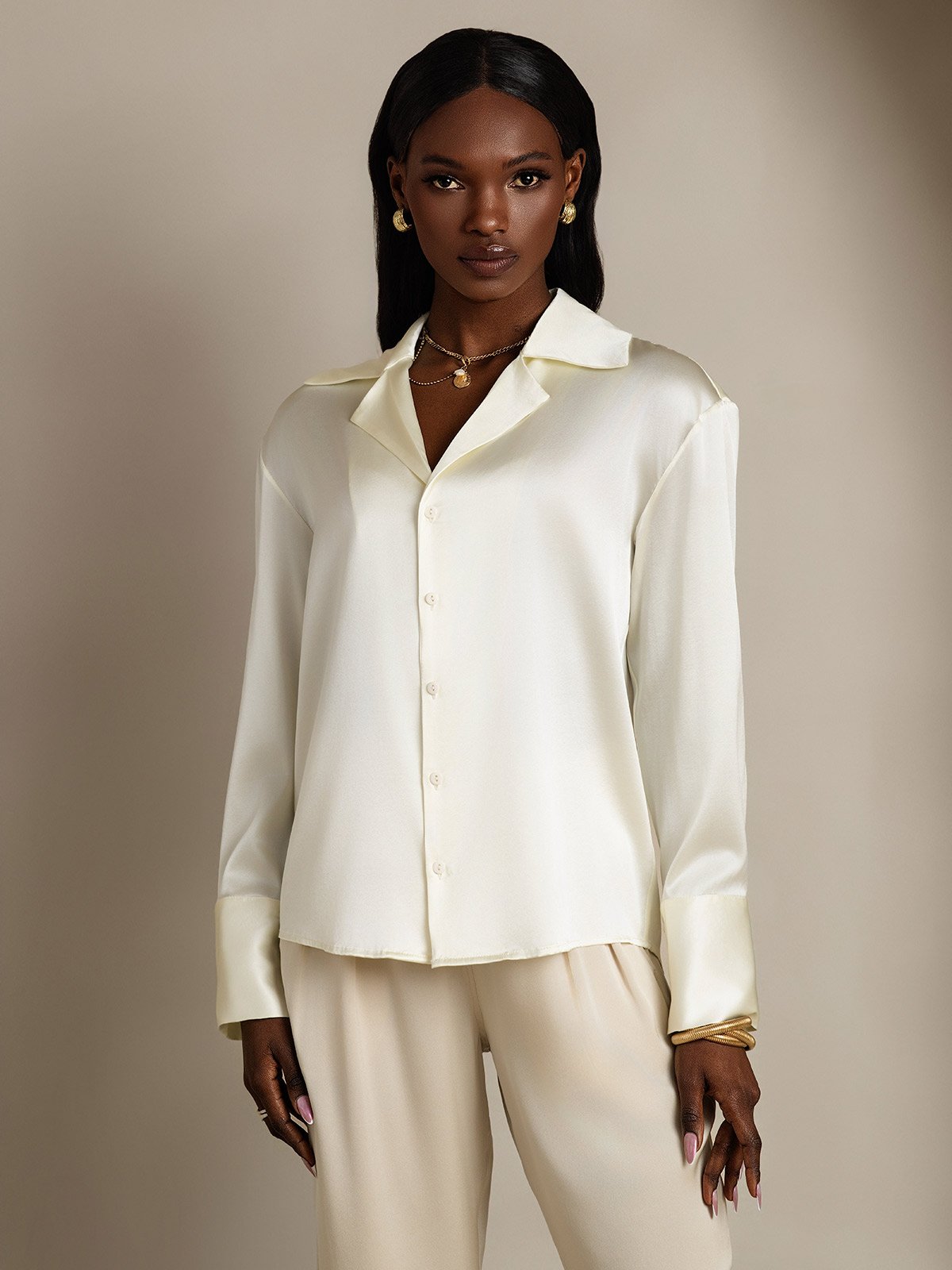 SilkSilky-AU 19Momme Silk Long Sleeve Lapel Women's Shirt Ivory 003
