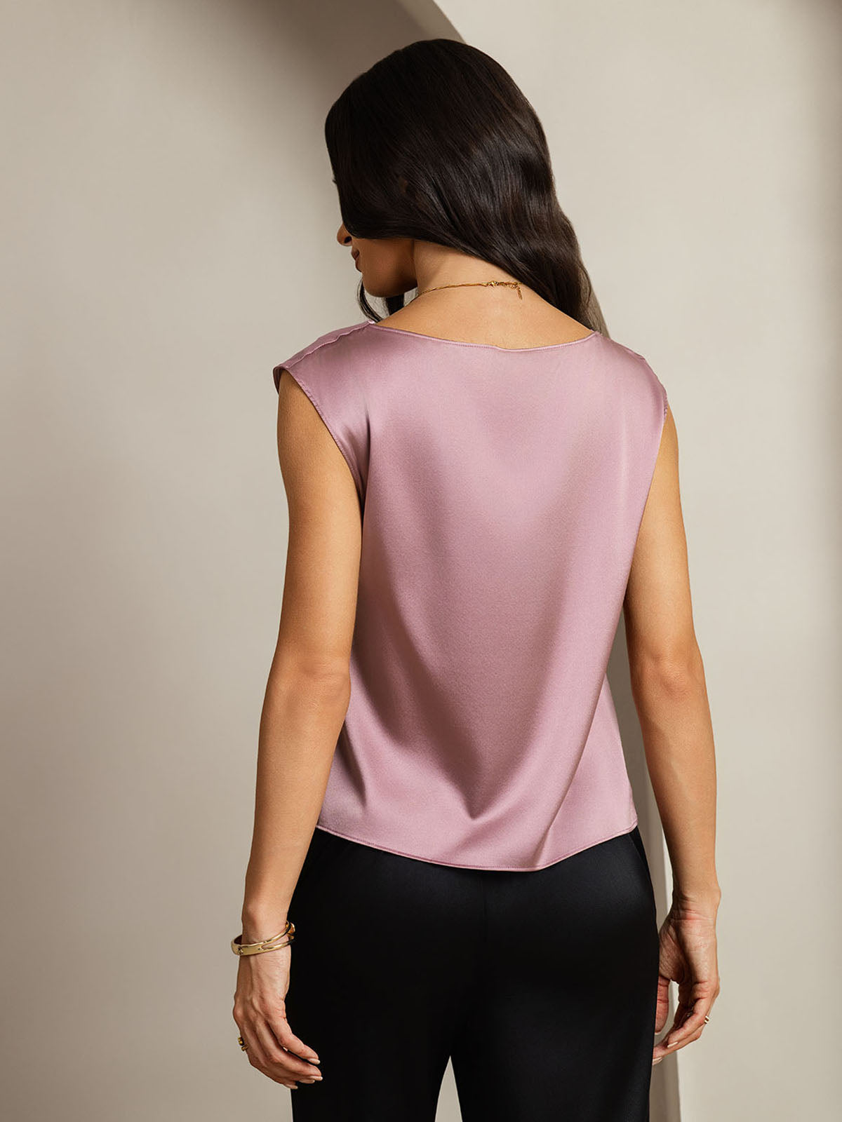 [Pale Mauve] SilkSilky-AU 19Momme Silk Sleeveless Cowl Neck Women's T-Shirt 002
