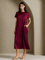 [Dark Red] SilkSilky-AU Short Sleeve Crew Neck Dress 003